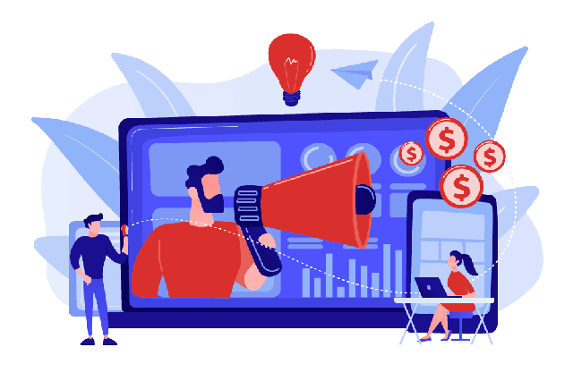 Desenho de um homem numa tela de notebook com um alto falante divulgando e monetizando seu negócio