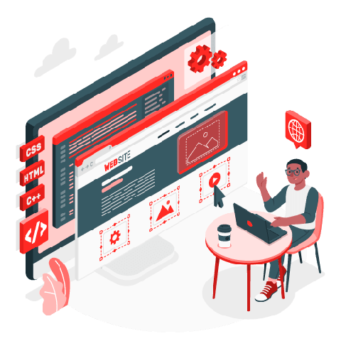 Desenho de um Programador com notebook com sites ao lado dele